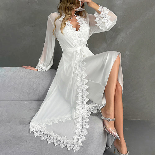 White Lace Satin Women Robe Pajamas