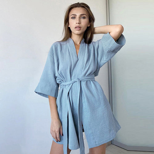 Tie-strap Cotton Short Robe Pajamas