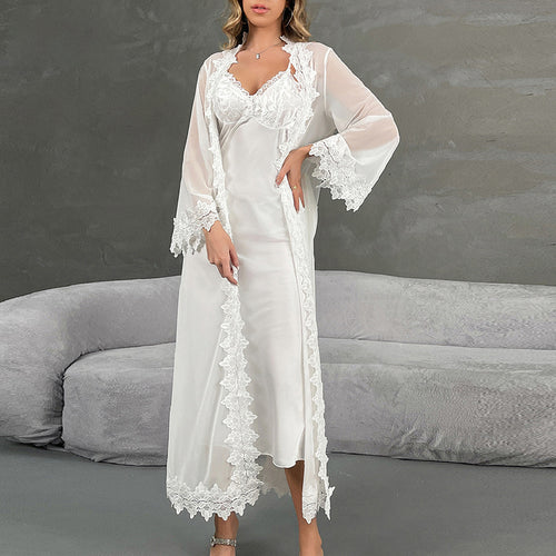 White Lace Satin Women Robe Pajamas